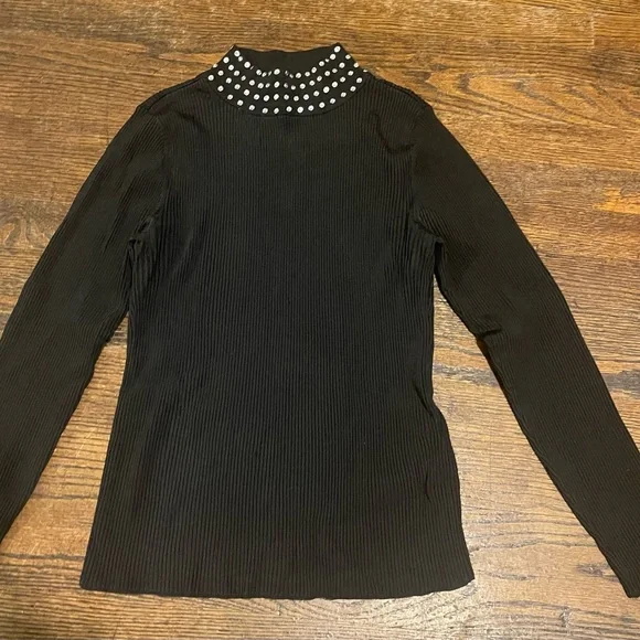 INC International Concepts Black Ribbed Sweater with Rhinestone Collar - Picture 3 of 11